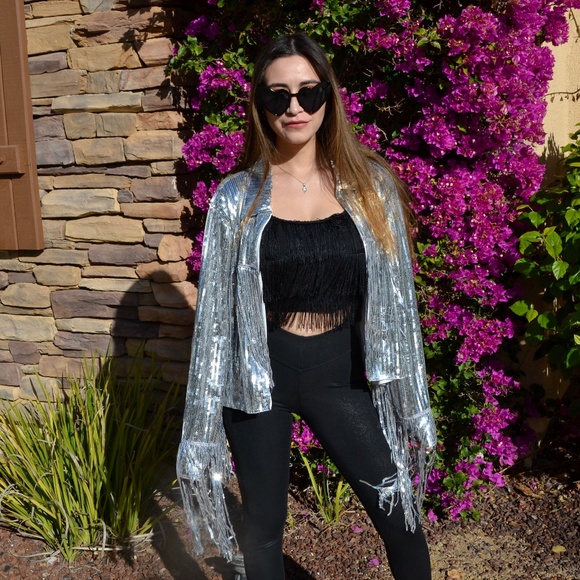 Silver Sequin Fringe Jacket, Country Concert Outfit, Mrs. Bride Wedding Jacket - Picture 3 of 7